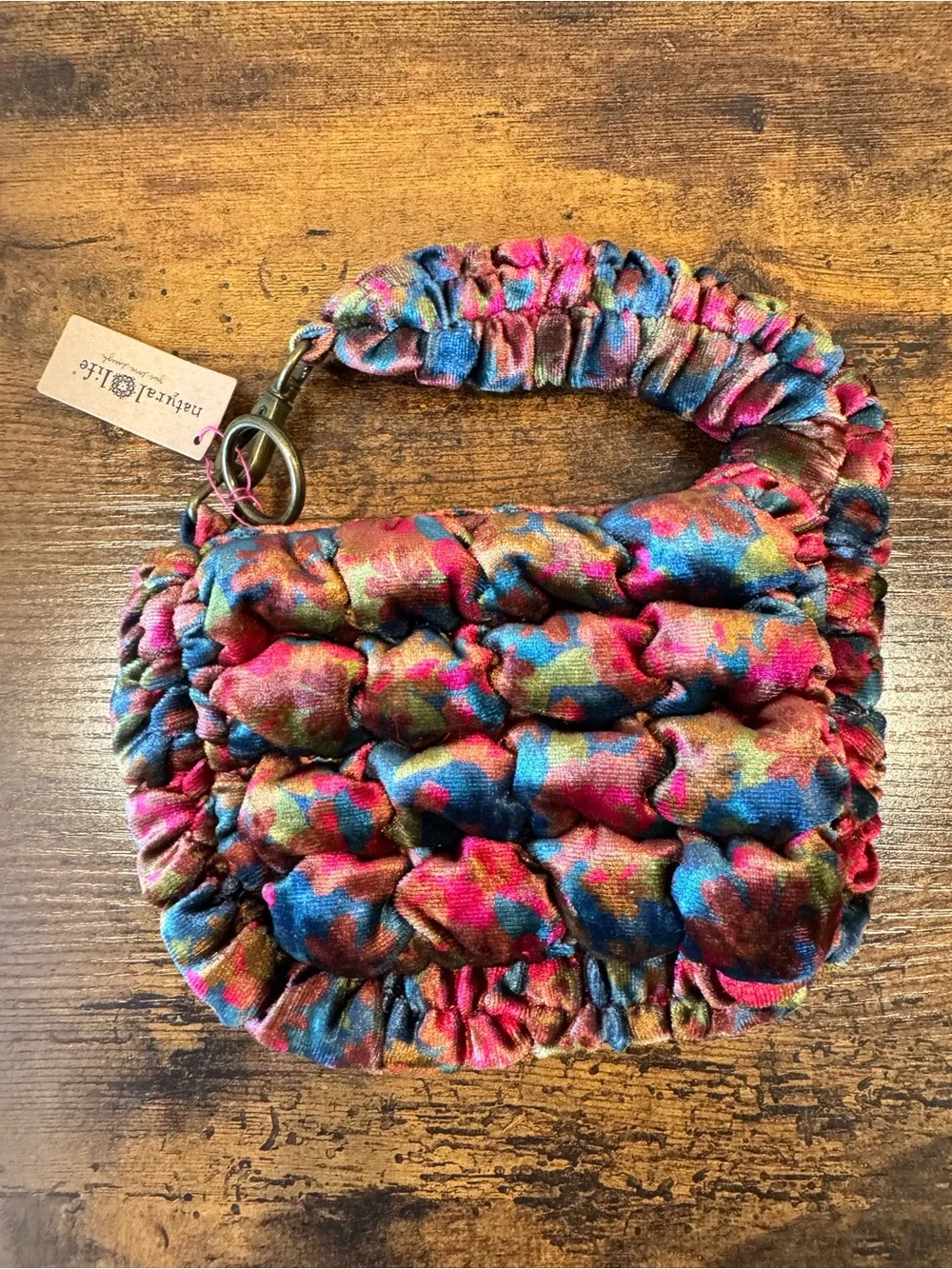 Natural Life Puffy Mini Clip On Pouch Teal/Pink Velvet Floral NWT